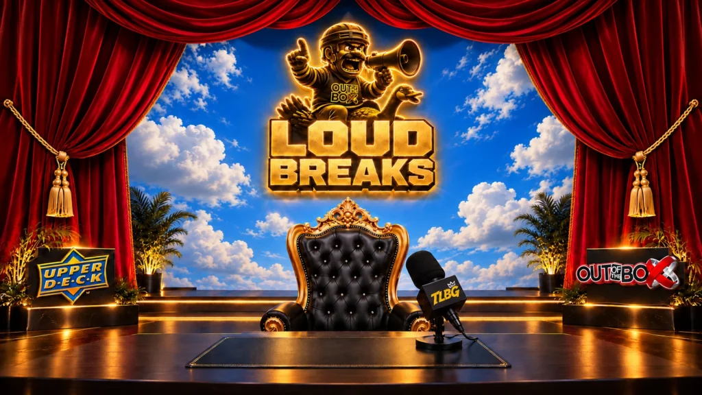 LOUD BREAKS gold logo, red velvet curtains and blue-sky hockey entertainment stage.
